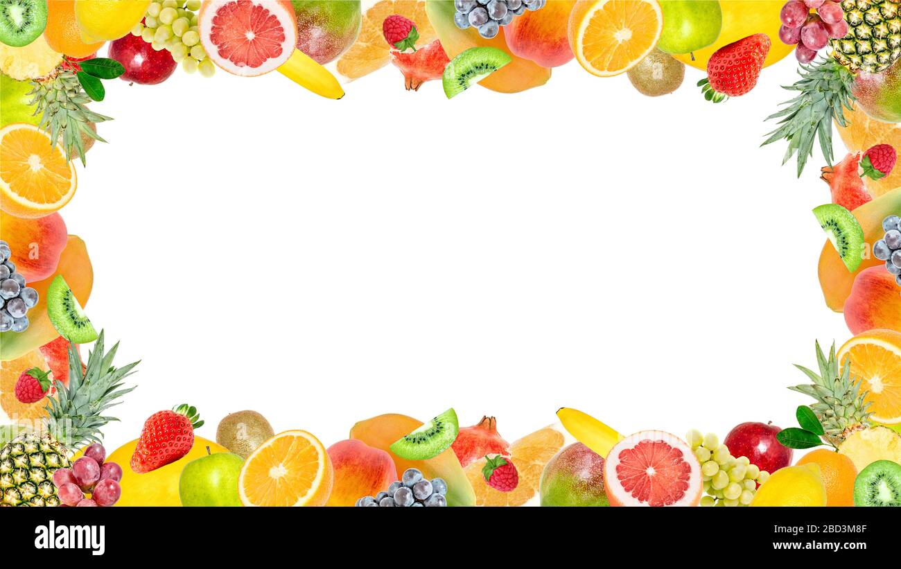 Creative photo of many different exotic tropical bright fruits frame