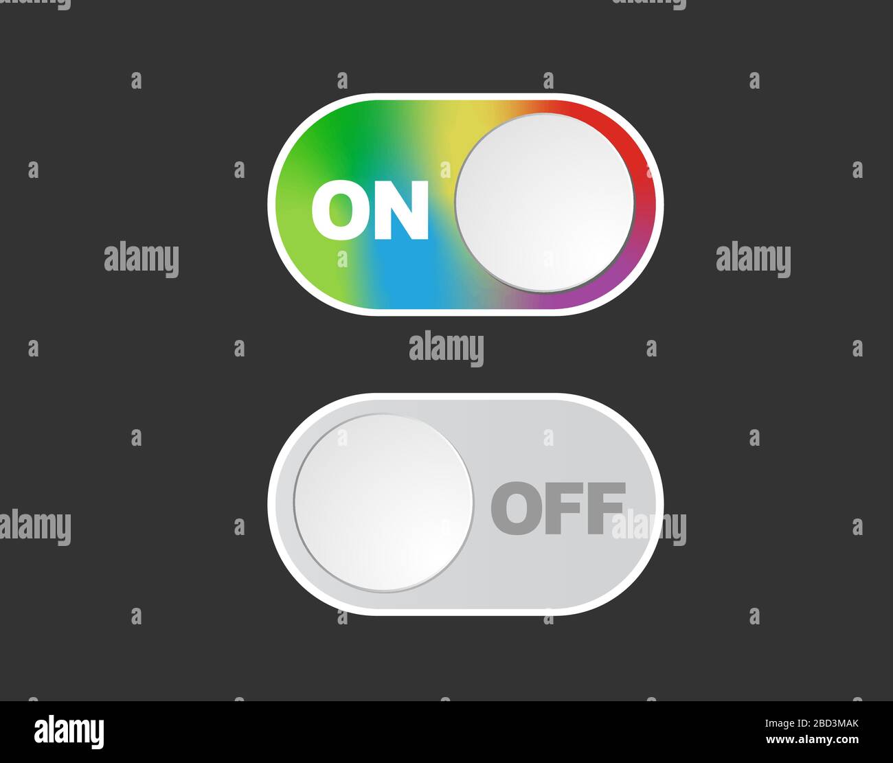 The flat vector icon On and Off rainbow toggle switch button for user interface layout design Stock Vector