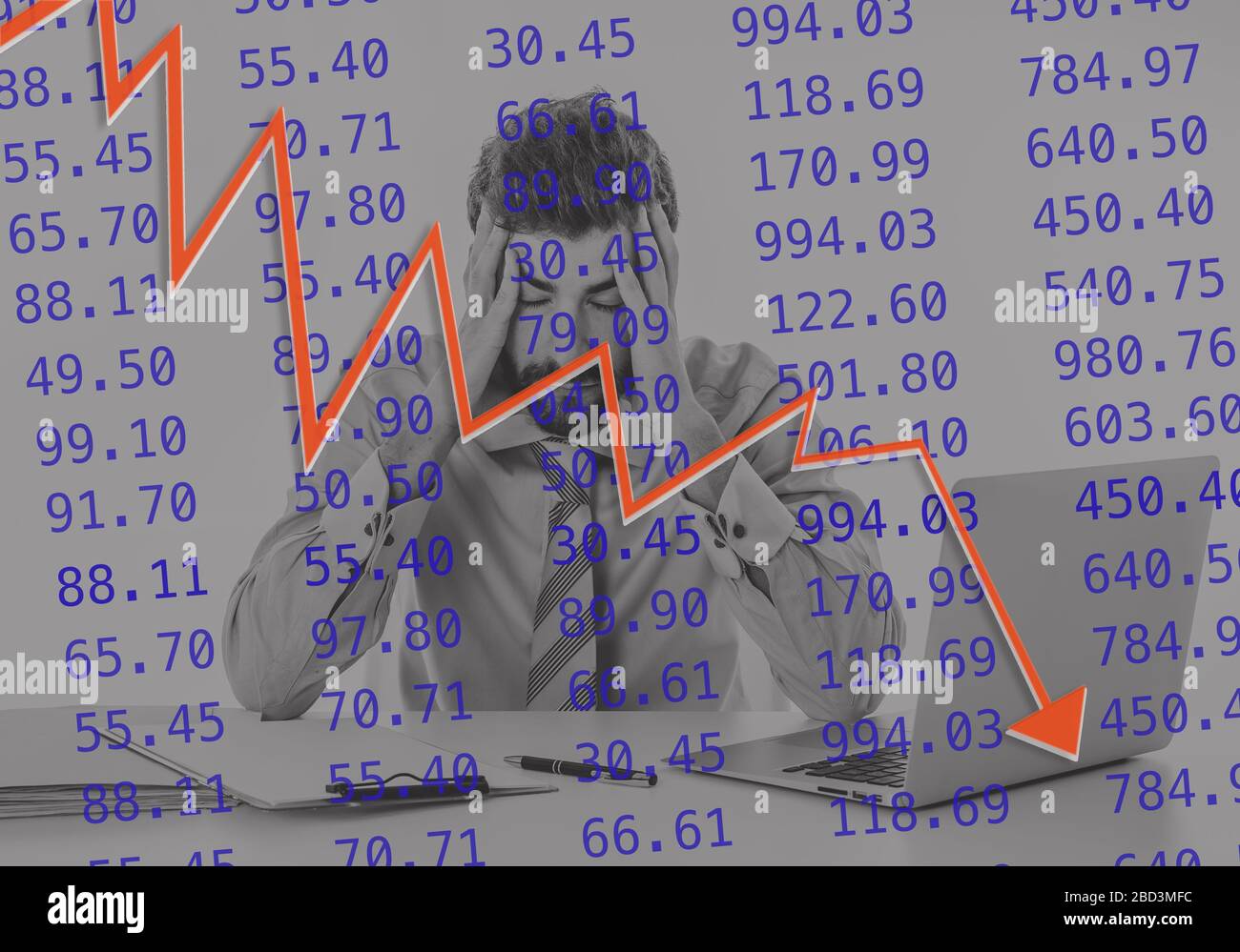 COVID-19 Global economic Recession. Desperate entrepreneur stock trader calculating loss affected by market crash amid to Coronavirus outbreak financi Stock Photo
