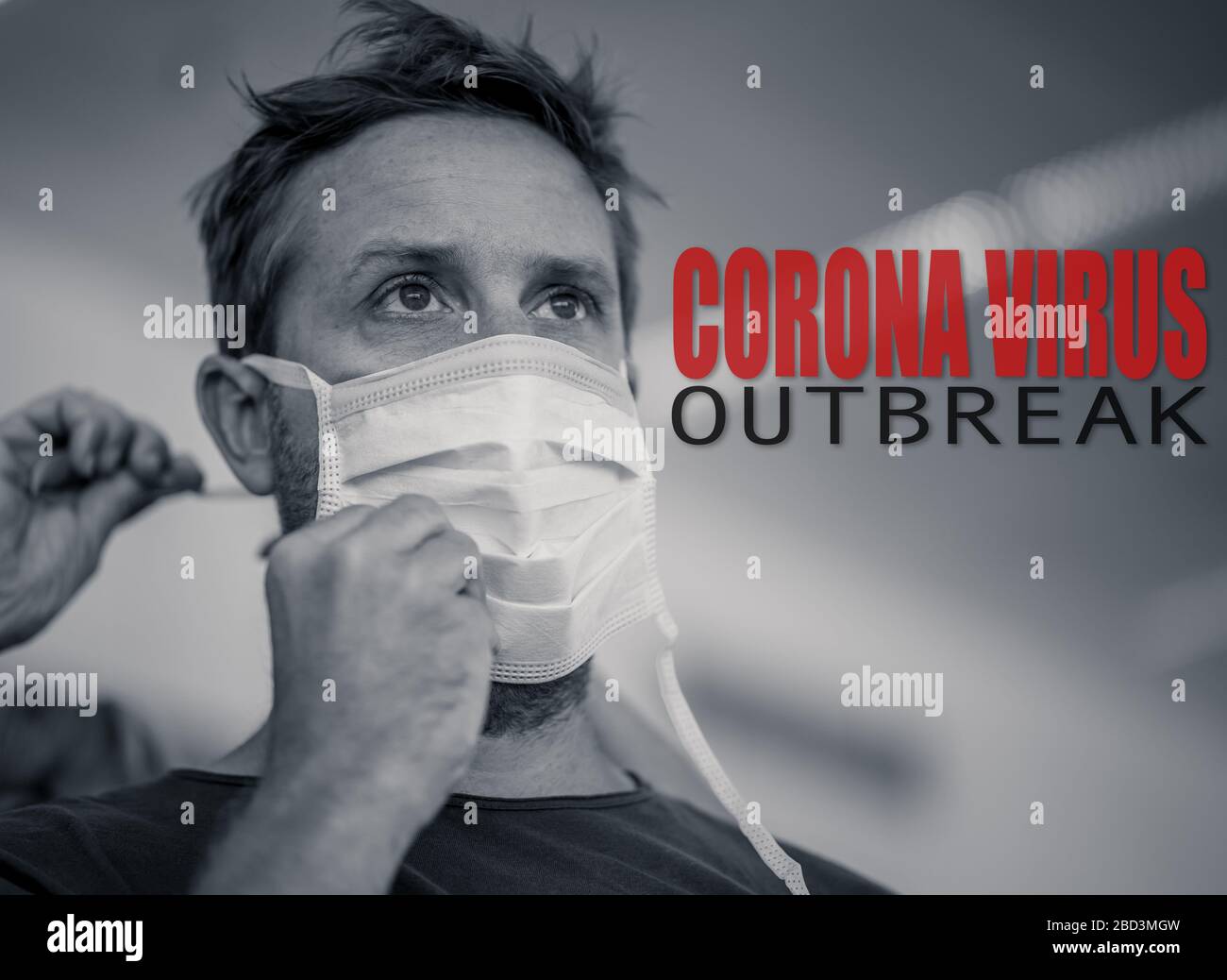 COVID-19 Save lives campaign. Strong image of hands helping young man putting face mask. In Stay Healthy, Stop the coronavirus spread, together we can Stock Photo