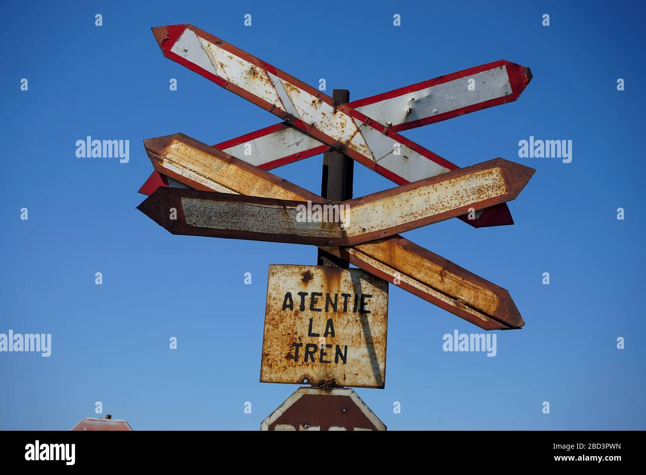 Bucharest, Romania - April 06, 2020: A rusty level crossing sign at the ...