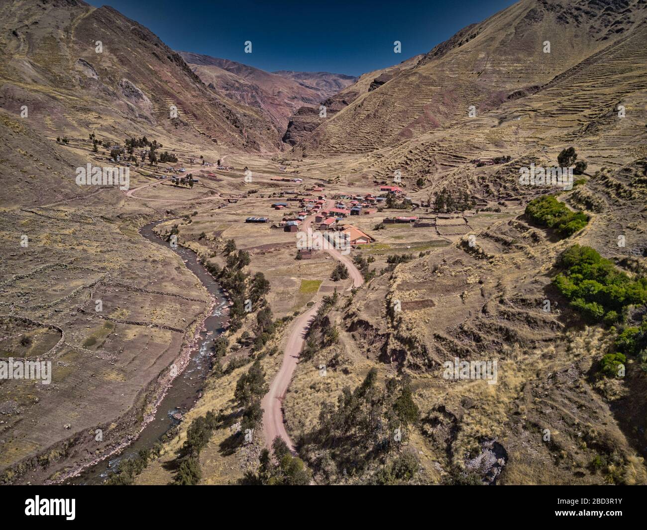 Aerial view of small village located high in Andes, Peru Stock Photo