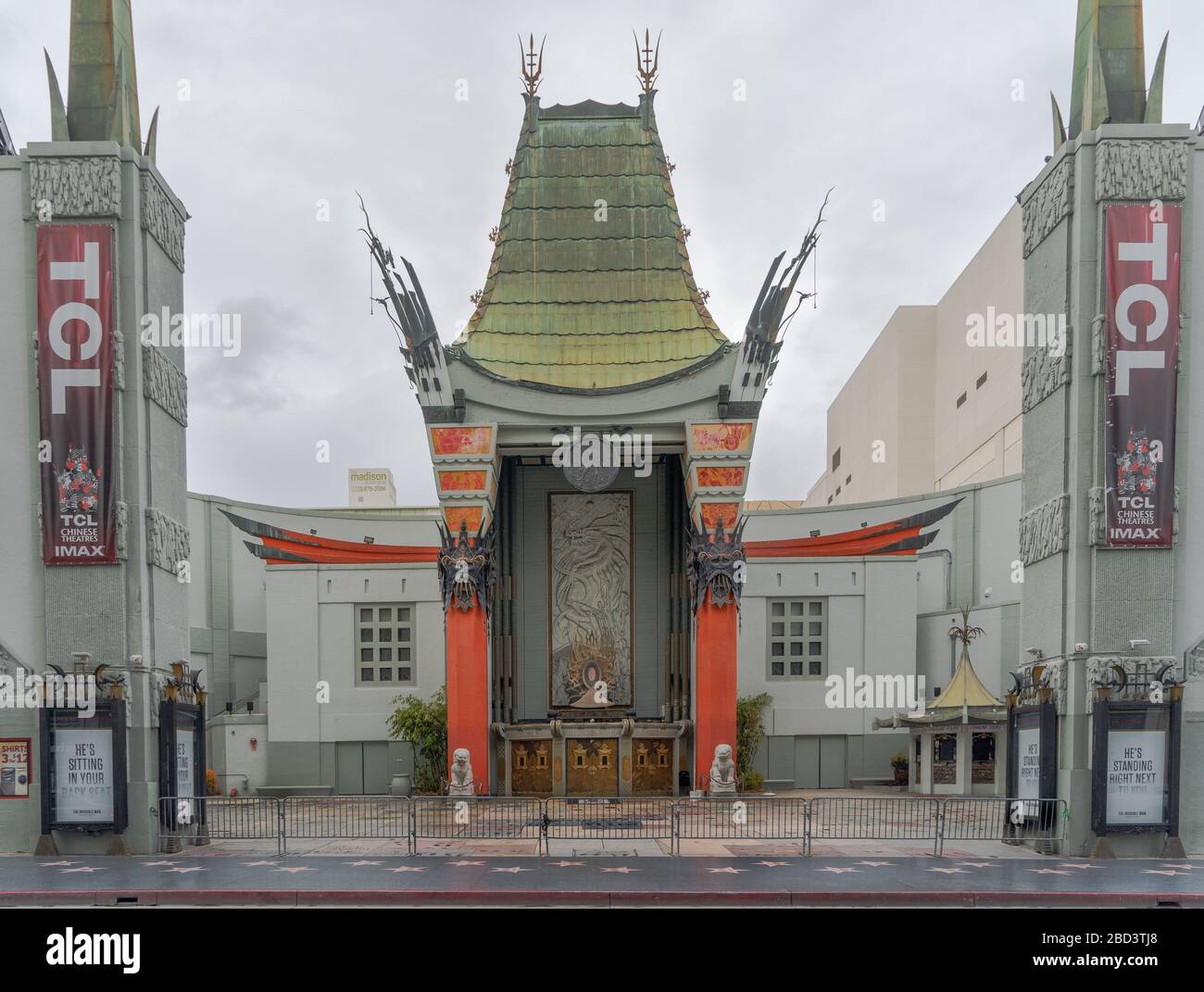 There are no tourists walking in front of Hollywood's famous Chinese Theater along Hollywood Boulevard's Walk of Fame during the April 2020 Covid19 social-distancing campaign in the city. It is normally packed with travellers from around the world who come to see the celebrity hand and footprints set in cement in front of the famous landmark. Stock Photo