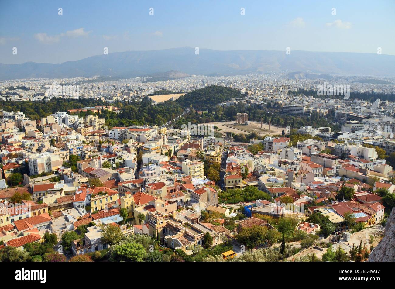 view from the Acropolis of athens looking below to the city including the ancient temple of Olympian Zeus. Stock Photo