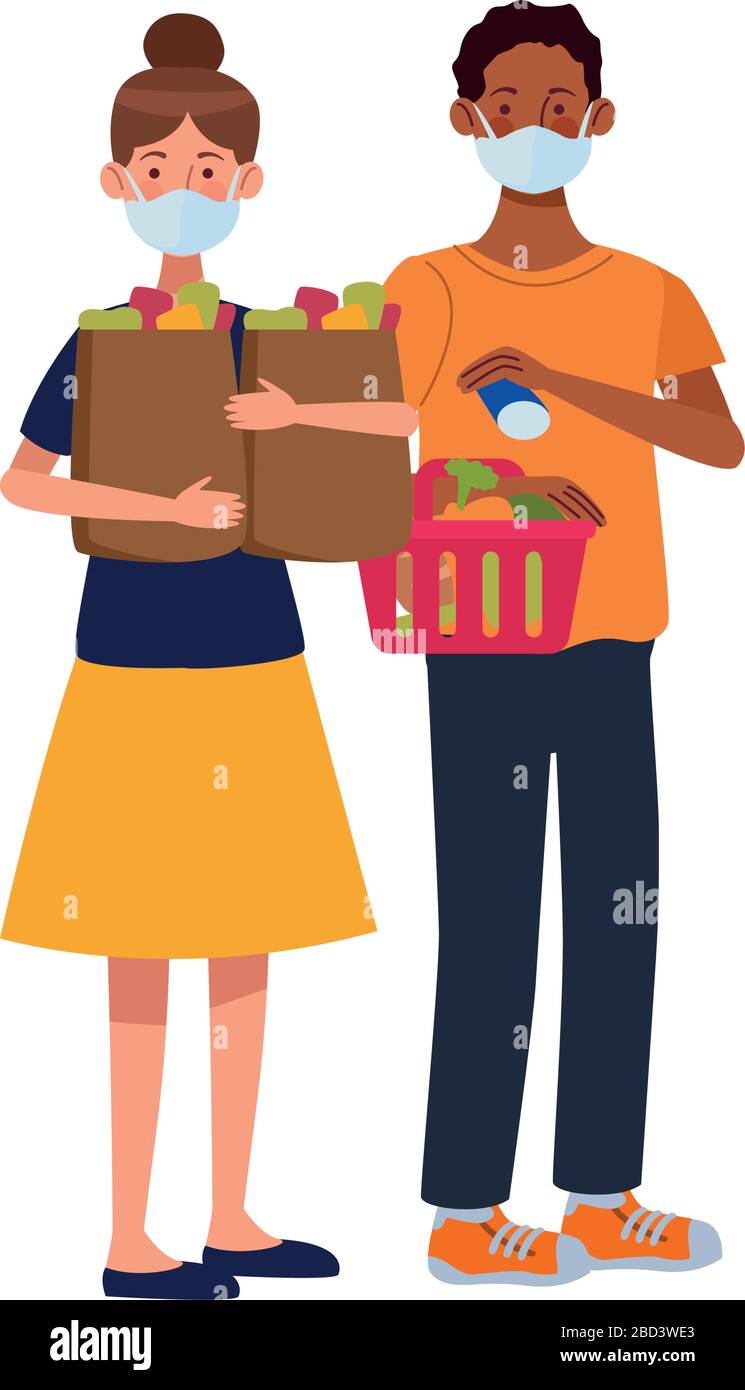 interracial couple using face masks in supermarket Stock Vector Image ...