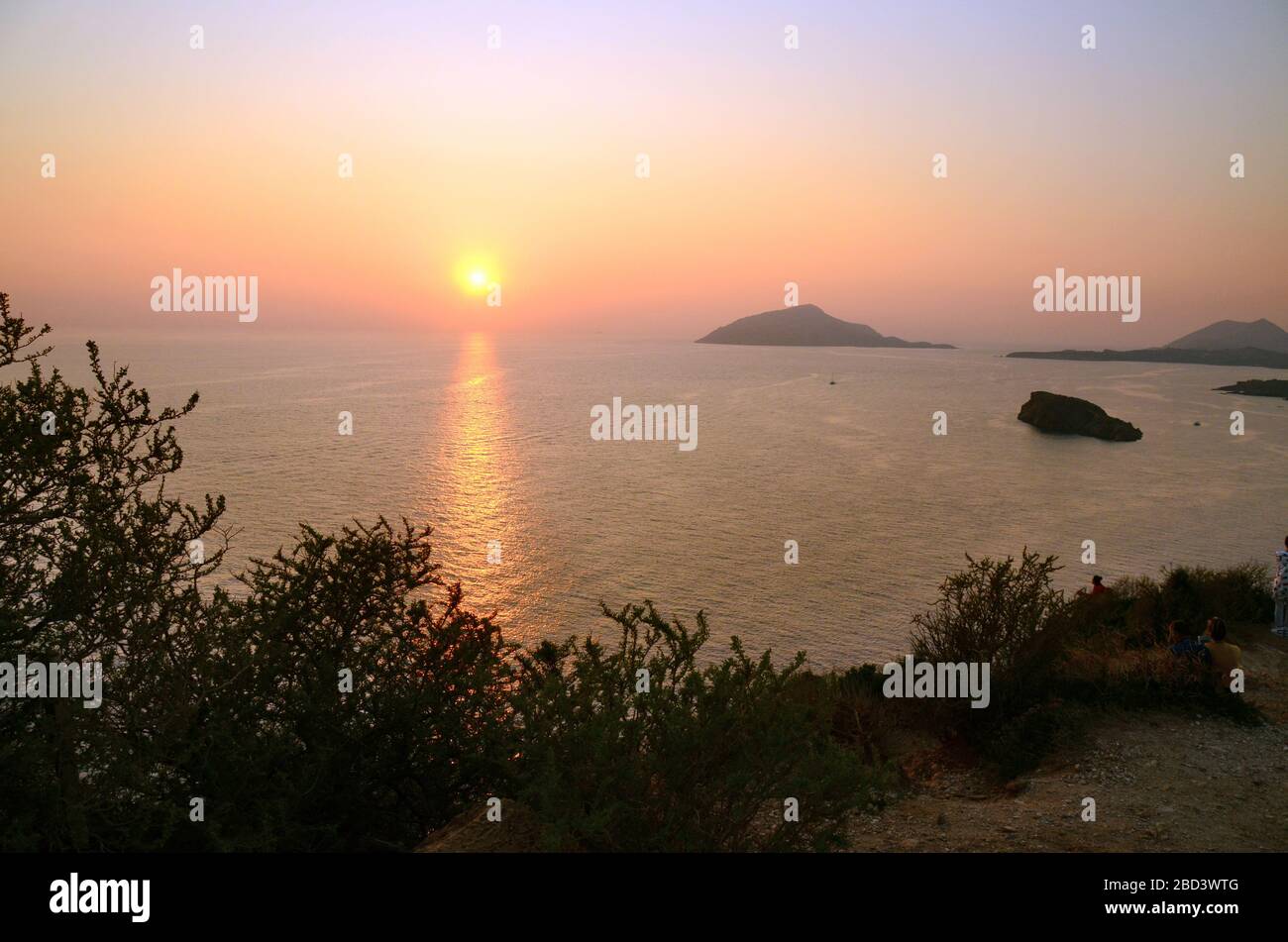Sunset ove the Aegean sea as seen from Cape Sounio Sounion Greece. Stock Photo