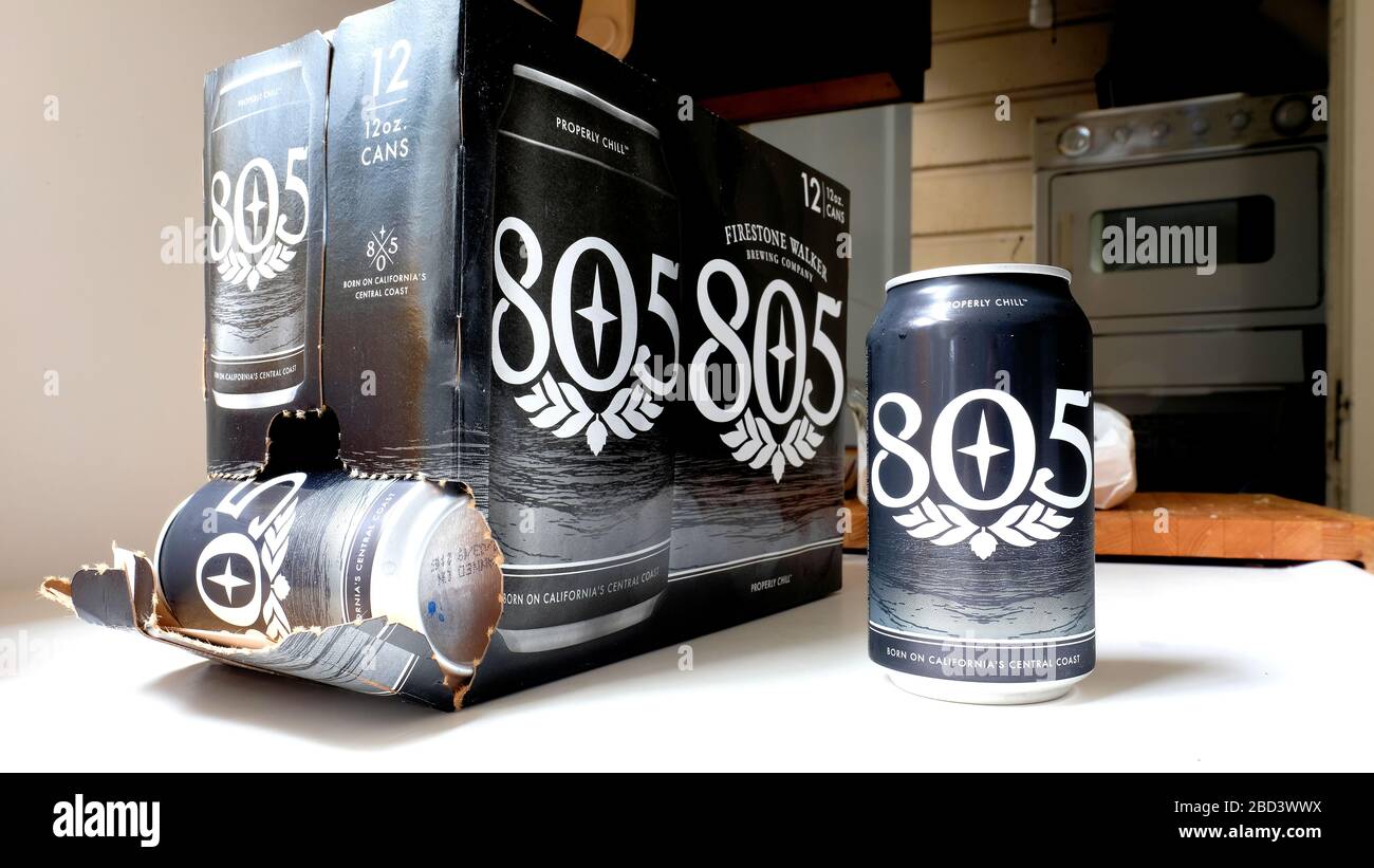 A can of Firestone Walker's 805 beer on a kitchen counter next to a ...
