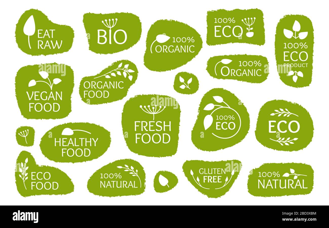 Set of eco green labels, logo icon with leaves. Emblem symbol for Regarding Food Product Labels Template