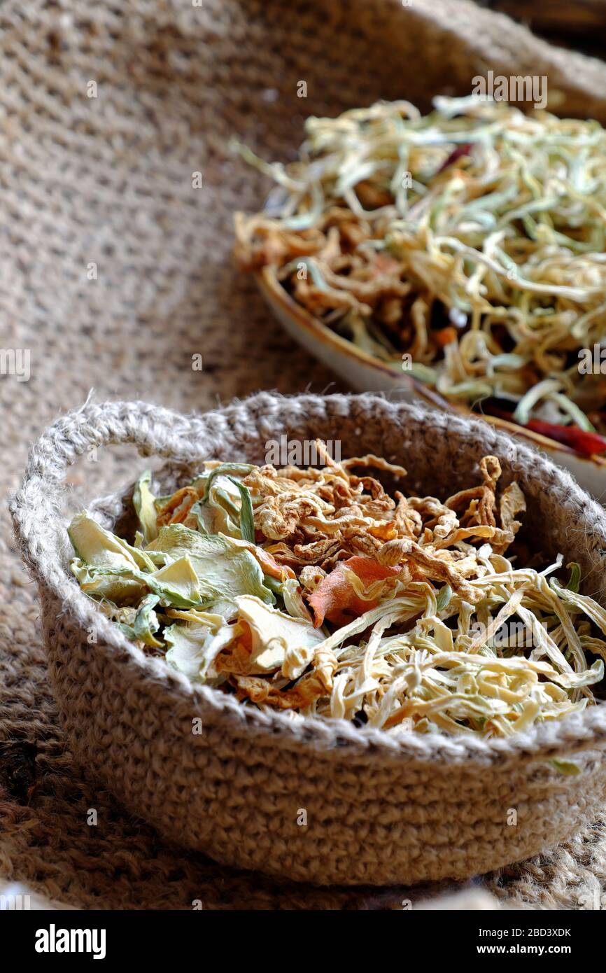 High view dried vegetables in basket, ingredient for many Vietnamese
