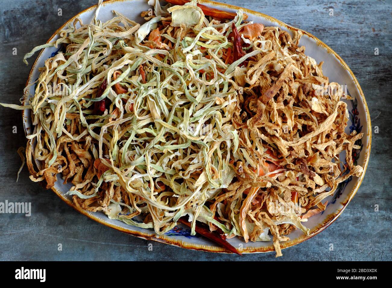High view dried vegetables in basket, ingredient for many Vietnamese