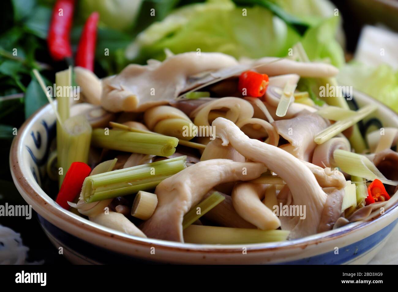 Close up plate of white straw mushroom that steamed with chilli and citronella with salad vegetables for vegan meal at Vietnam Stock Photo