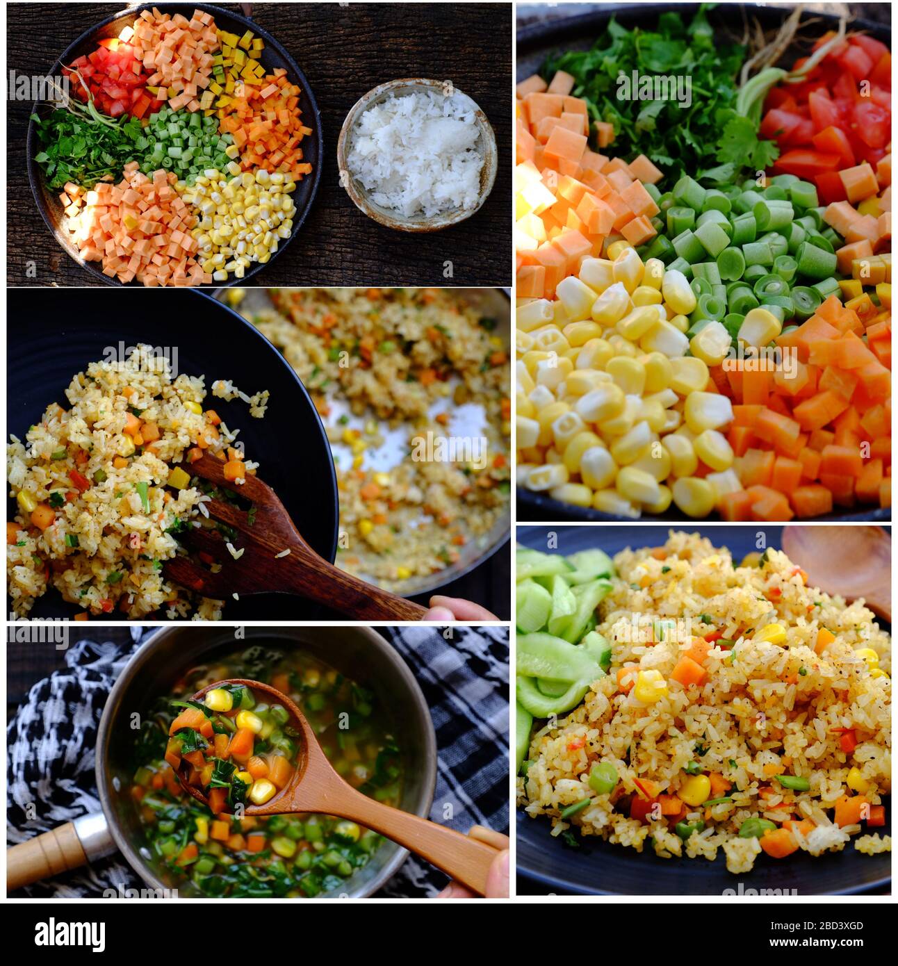 Prepare food and raw material for vegan meal with pilaw fried rice and soup from vegetables as carrot, corn, string bean, vegetarian dish in yellow, d Stock Photo