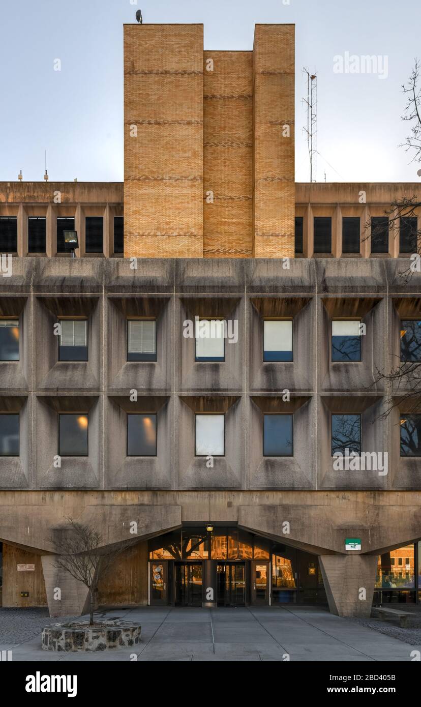 Begrisch Hall in Bronx Community College, a landmarked example of brutalism, the concrete remained unfinished and exposed. Stock Photo