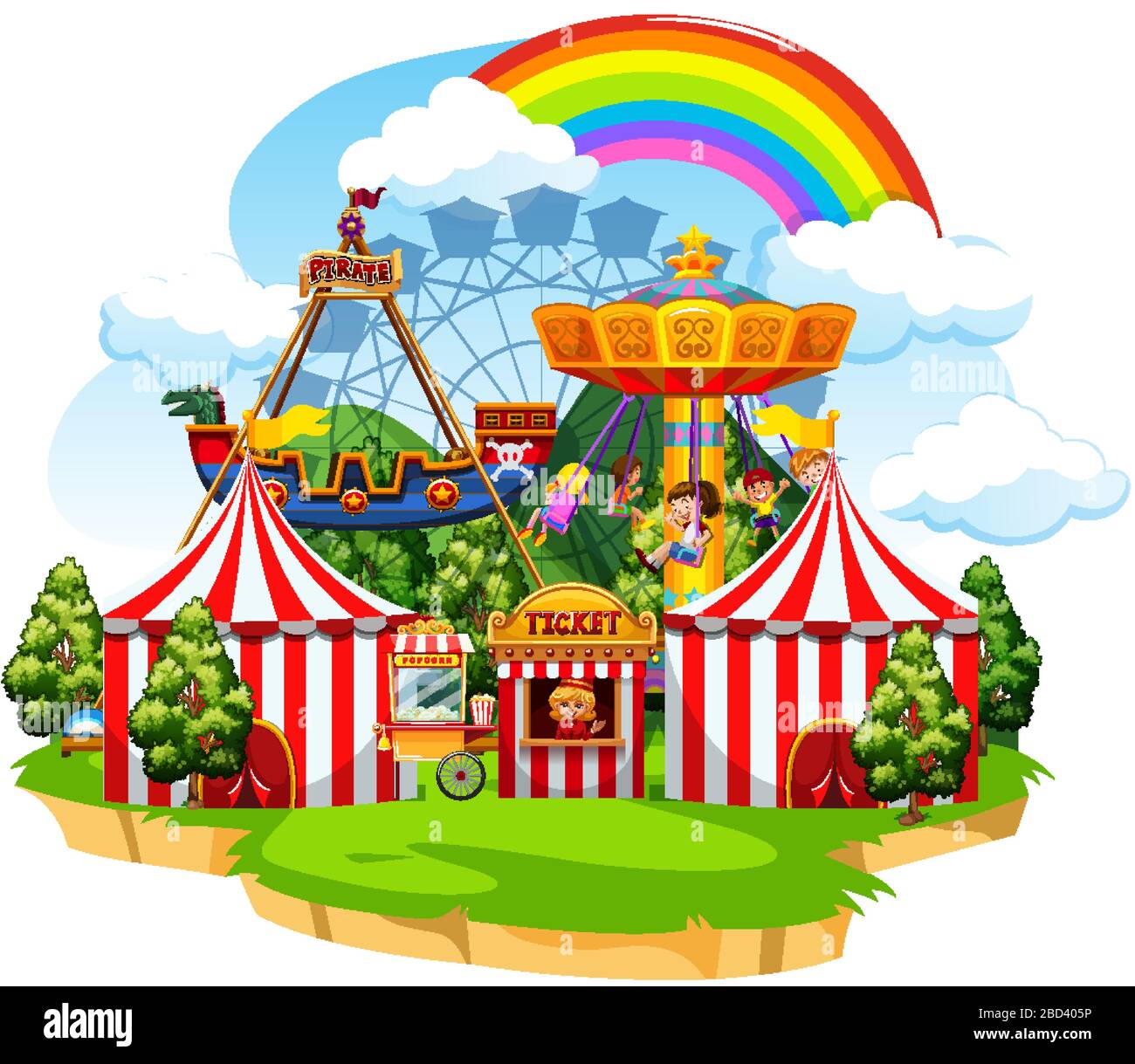 Themepark scene with many rides and happy children illustration Stock ...
