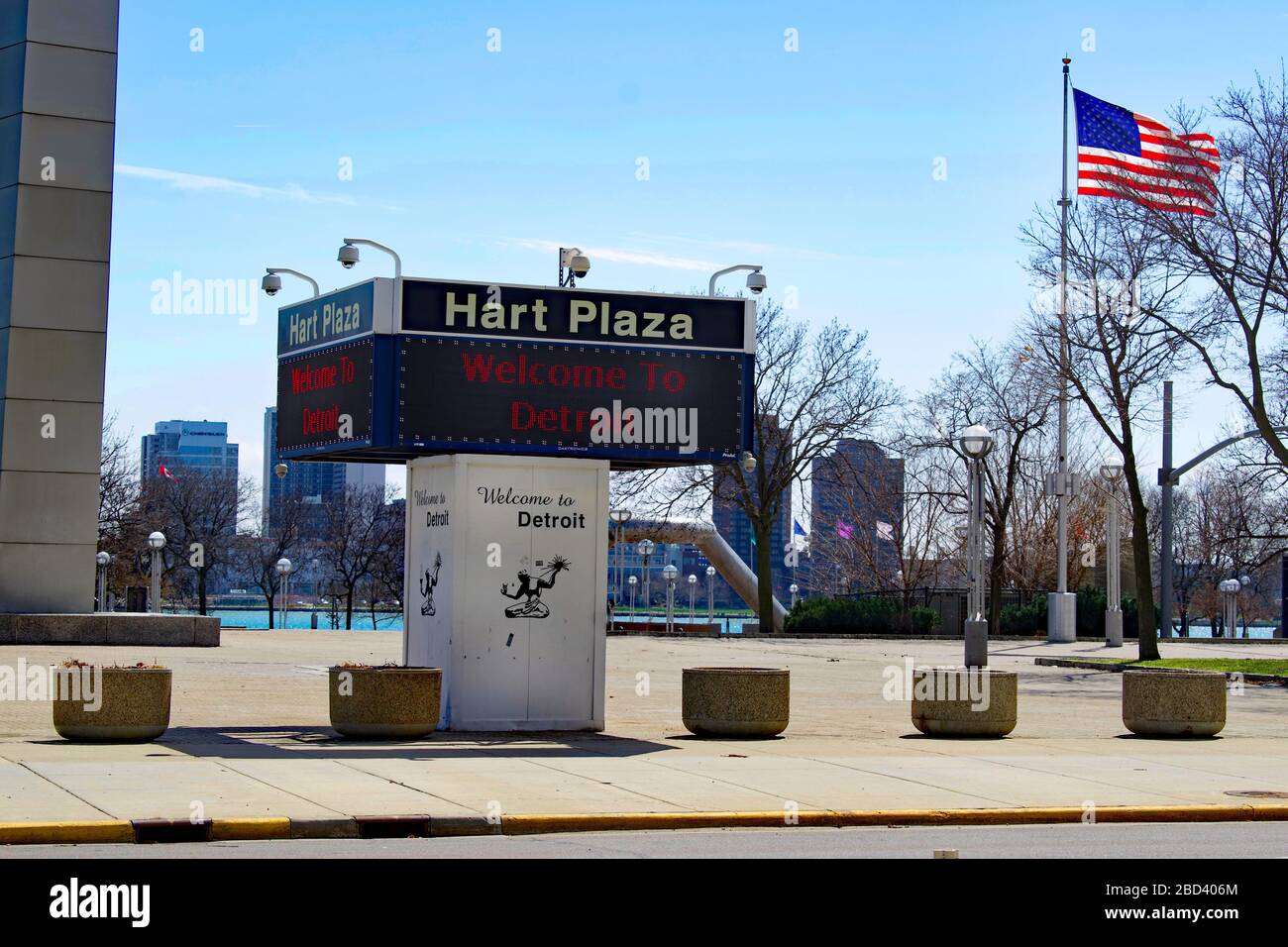 Detroit, Michigan, April 5, 2020, Heart of Detroit is empty and vacant as the 'Stay At Home Order' is enforced in Downtown Detroit. Ghost town Look. Stock Photo