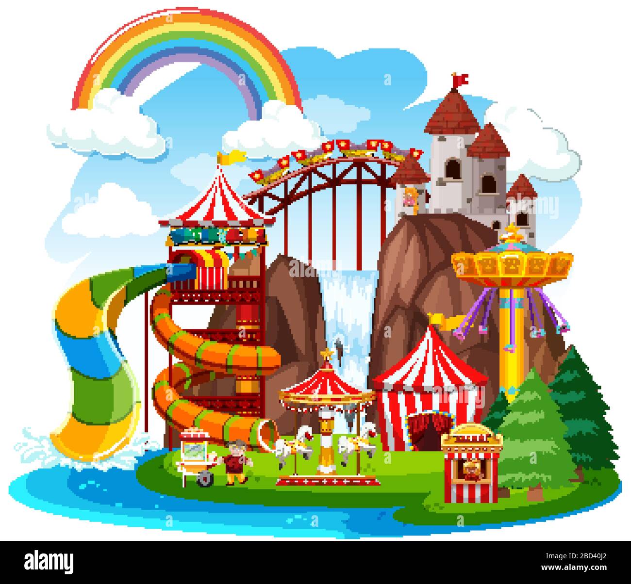 Themepark scene with many rides by the waterfall illustration Stock ...