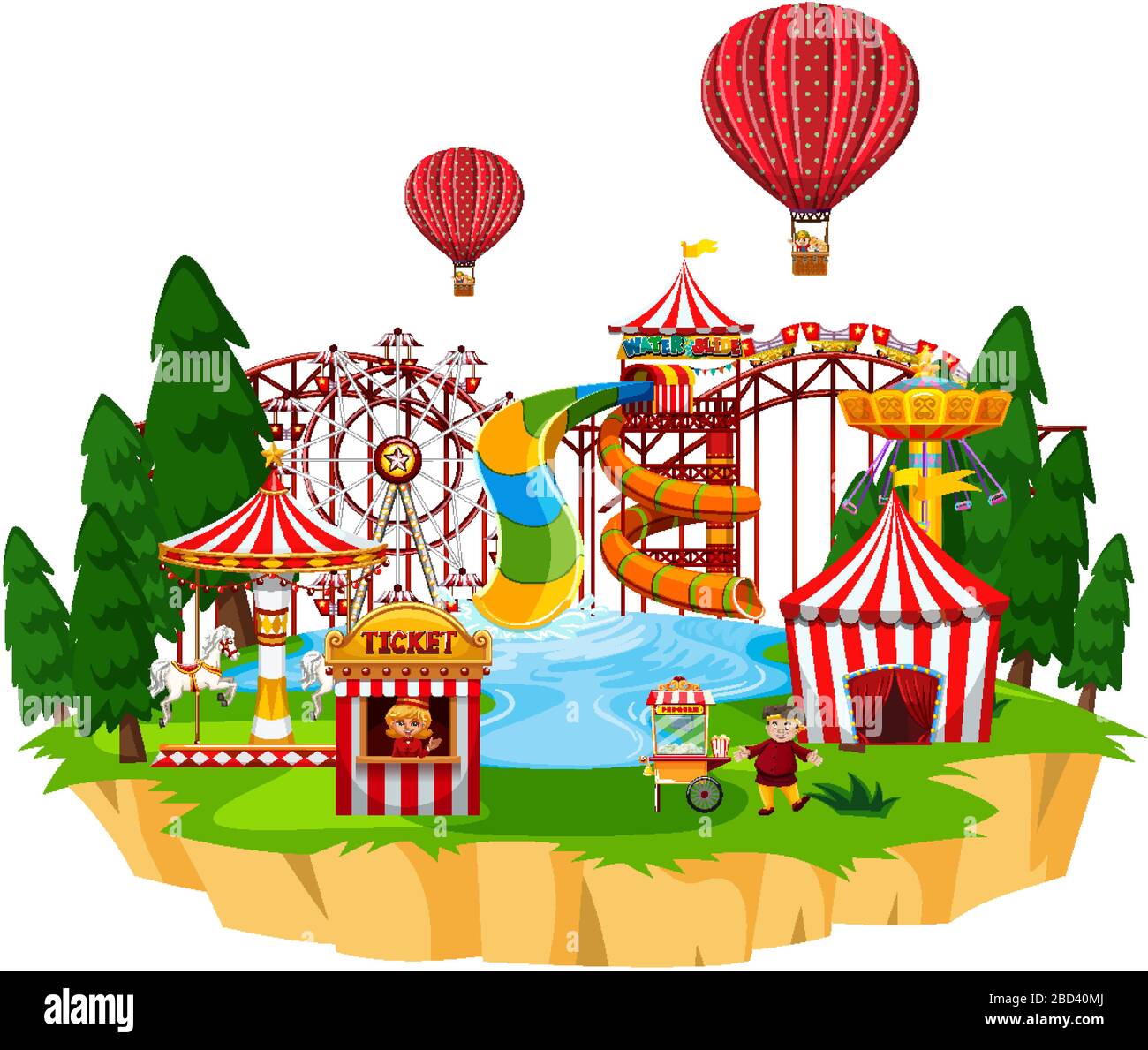 Themepark scene with many rides and waterpark illustration Stock Vector ...