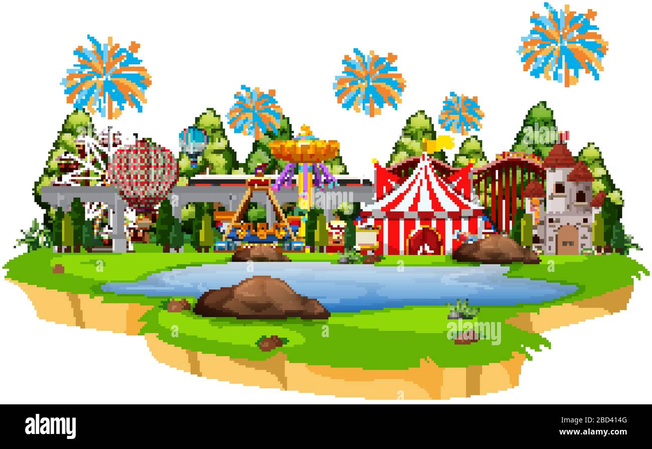 Scene with many rides in the circus park illustration Stock Vector ...