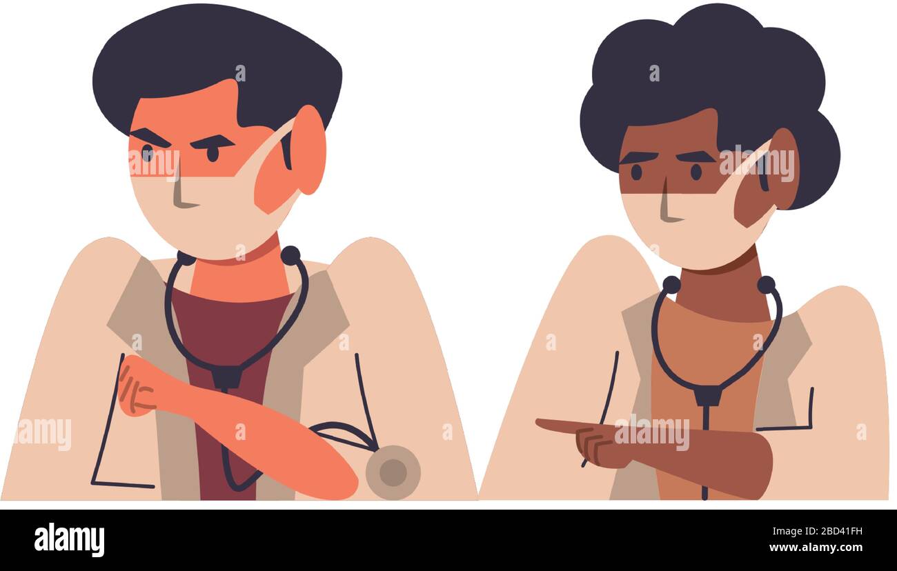 interracial doctors couple using face masks characters Stock Vector