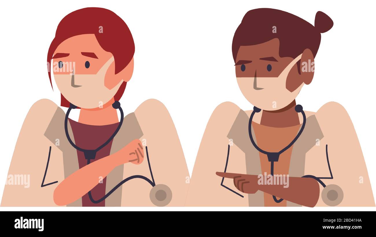 interracial female doctors using face masks characters Stock Vector