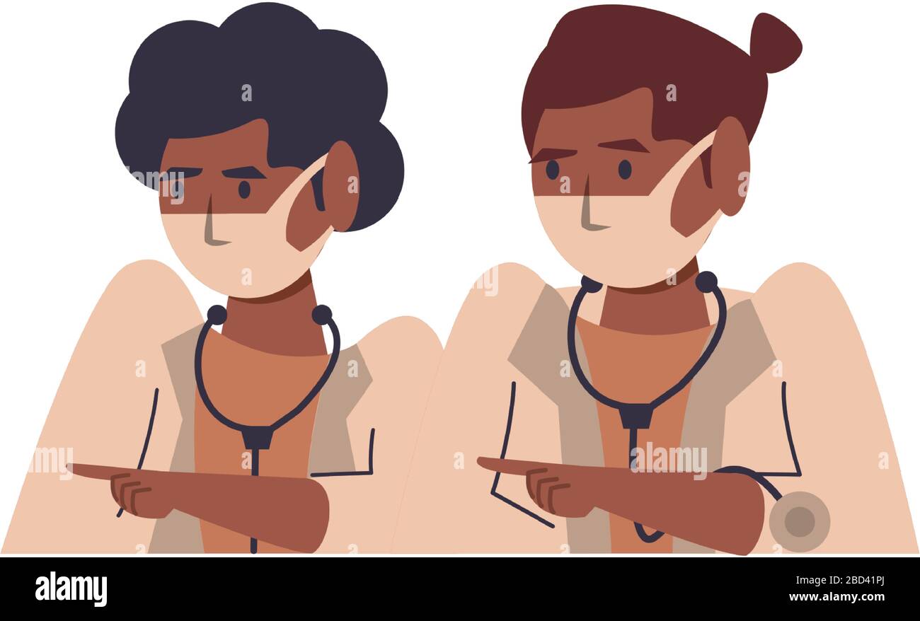 afro female doctors using face masks characters Stock Vector