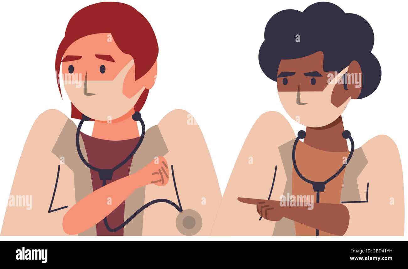 interracial female doctors using face masks characters Stock Vector