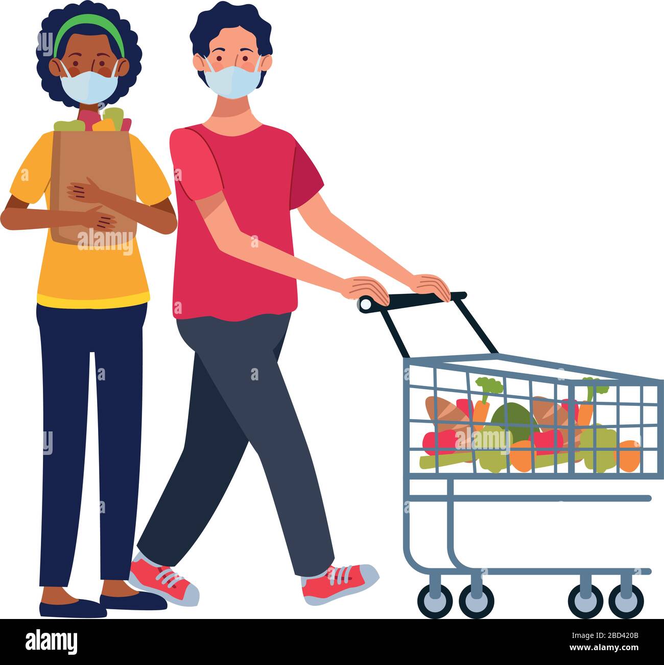 interracial couple using face masks in supermarket Stock Vector Image ...