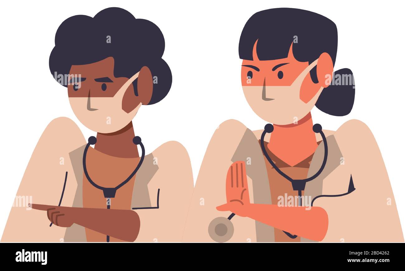 interracial female doctors using face masks characters Stock Vector