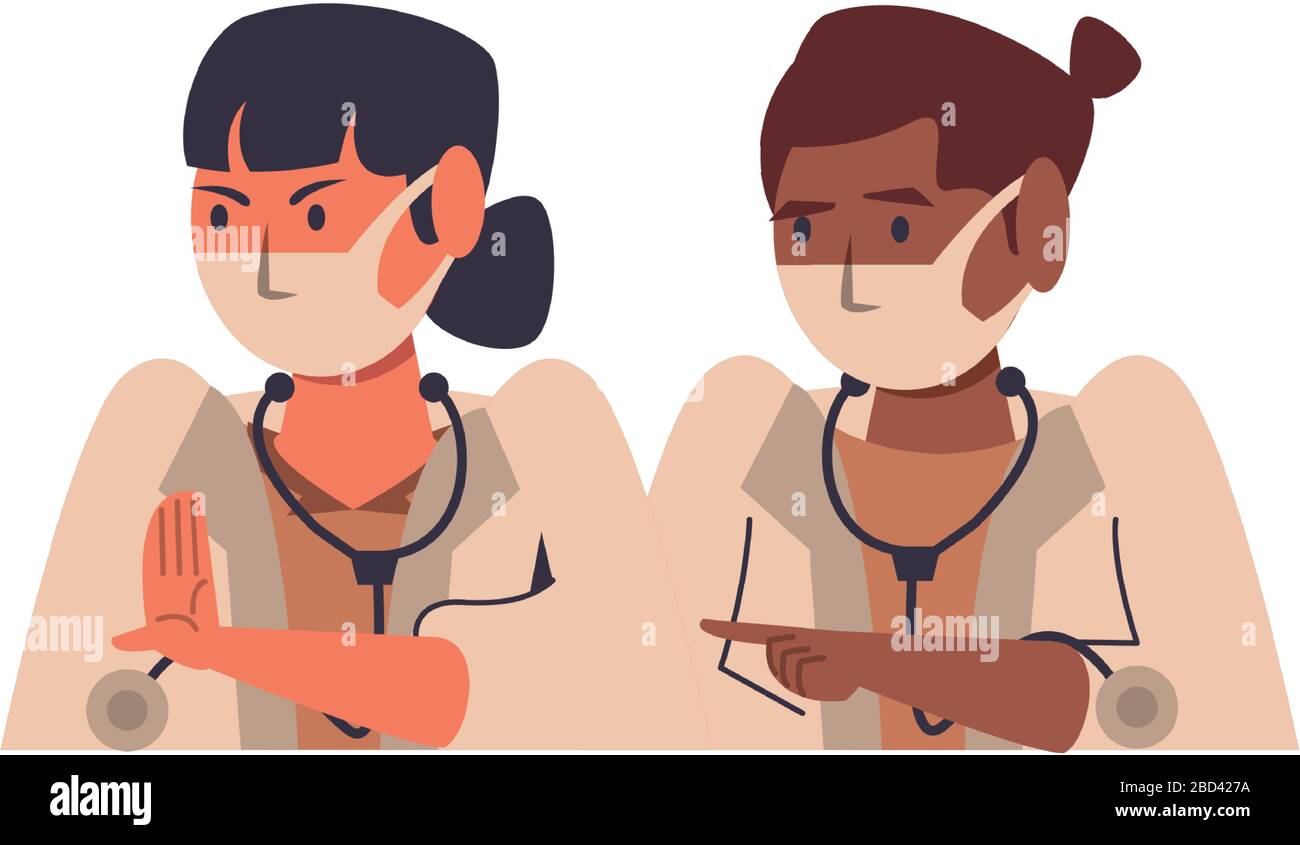 interracial female doctors using face masks characters Stock Vector