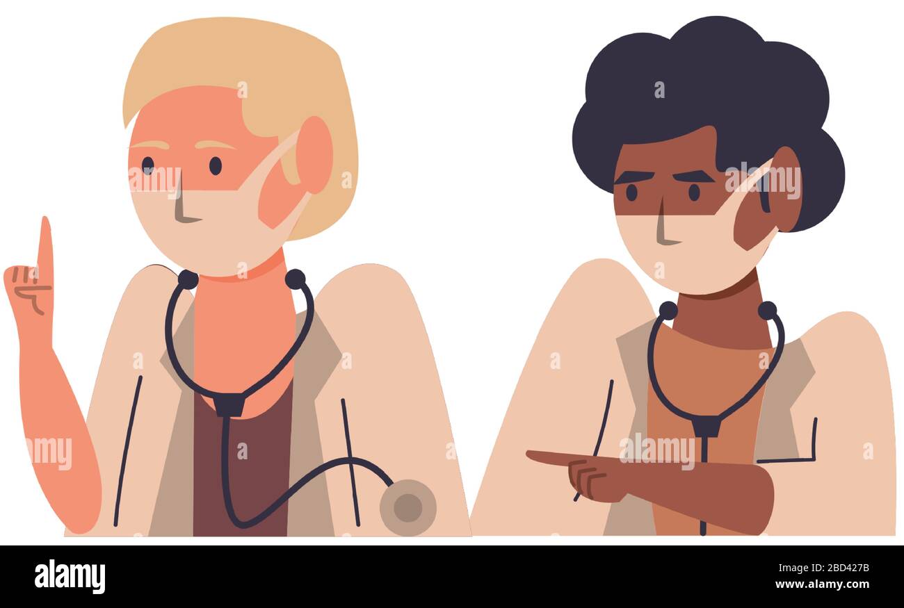 interracial female doctors using face masks characters Stock Vector