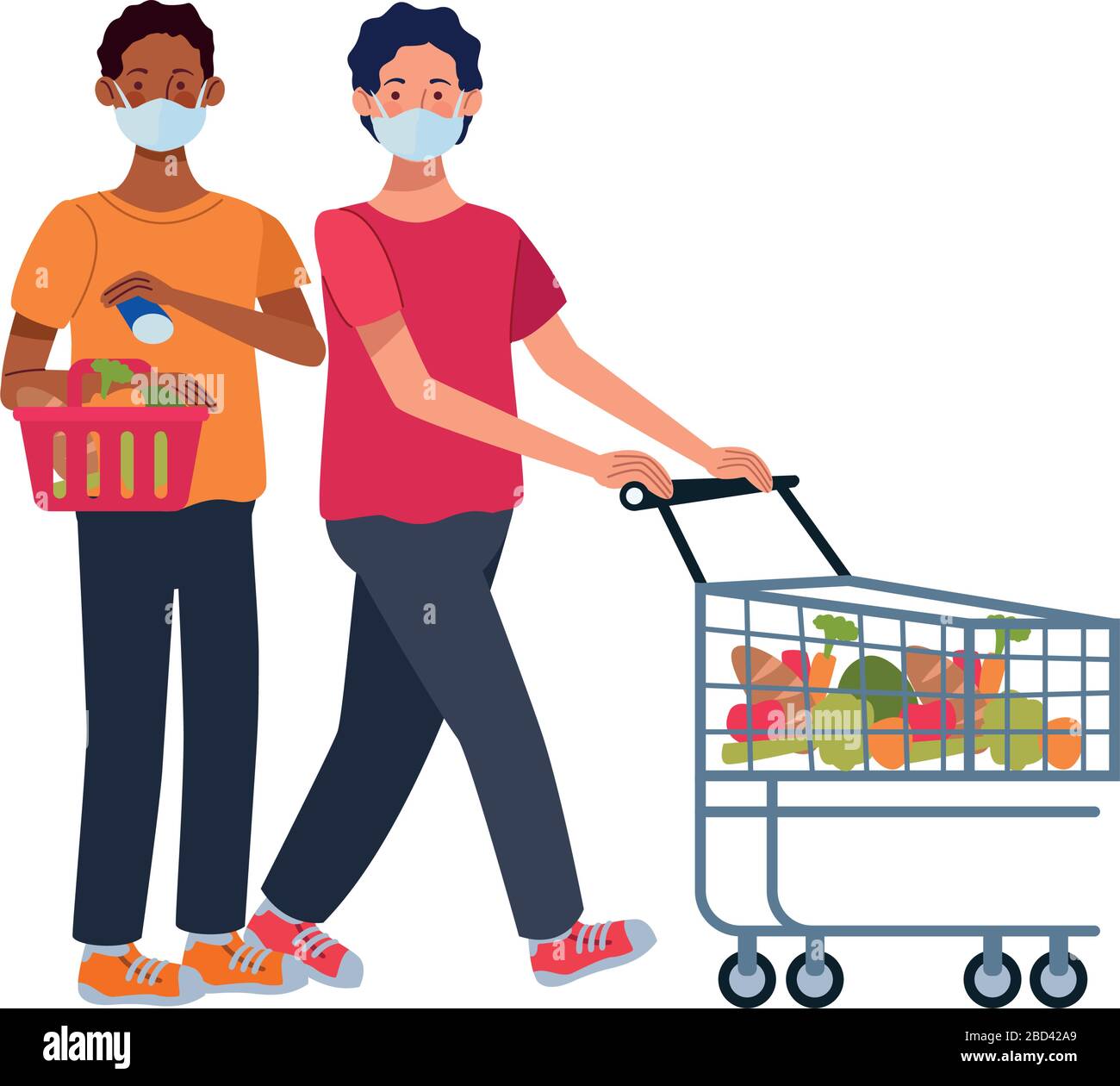 interracial men using face masks in supermarket Stock Vector Image ...