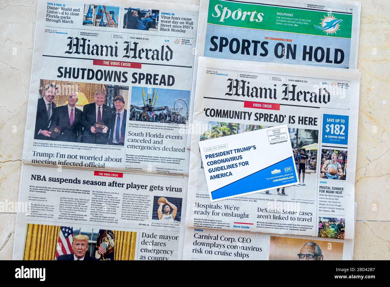 Miami Beach Florida,Miami Herald front page newspaper headlines,coronavirus covid-19 crisis pandemic health illness,shutdown NBA suspends season sport Stock Photo