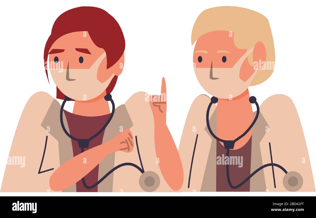 interracial female doctors using face masks characters Stock Vector