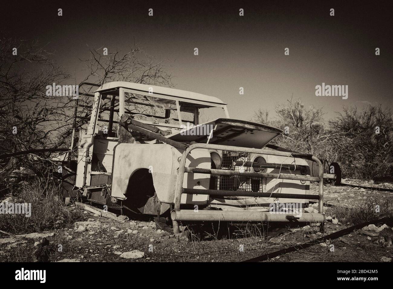 Remnants of a vintage land rover vehicle abandoned in the Australian Outback Stock Photo