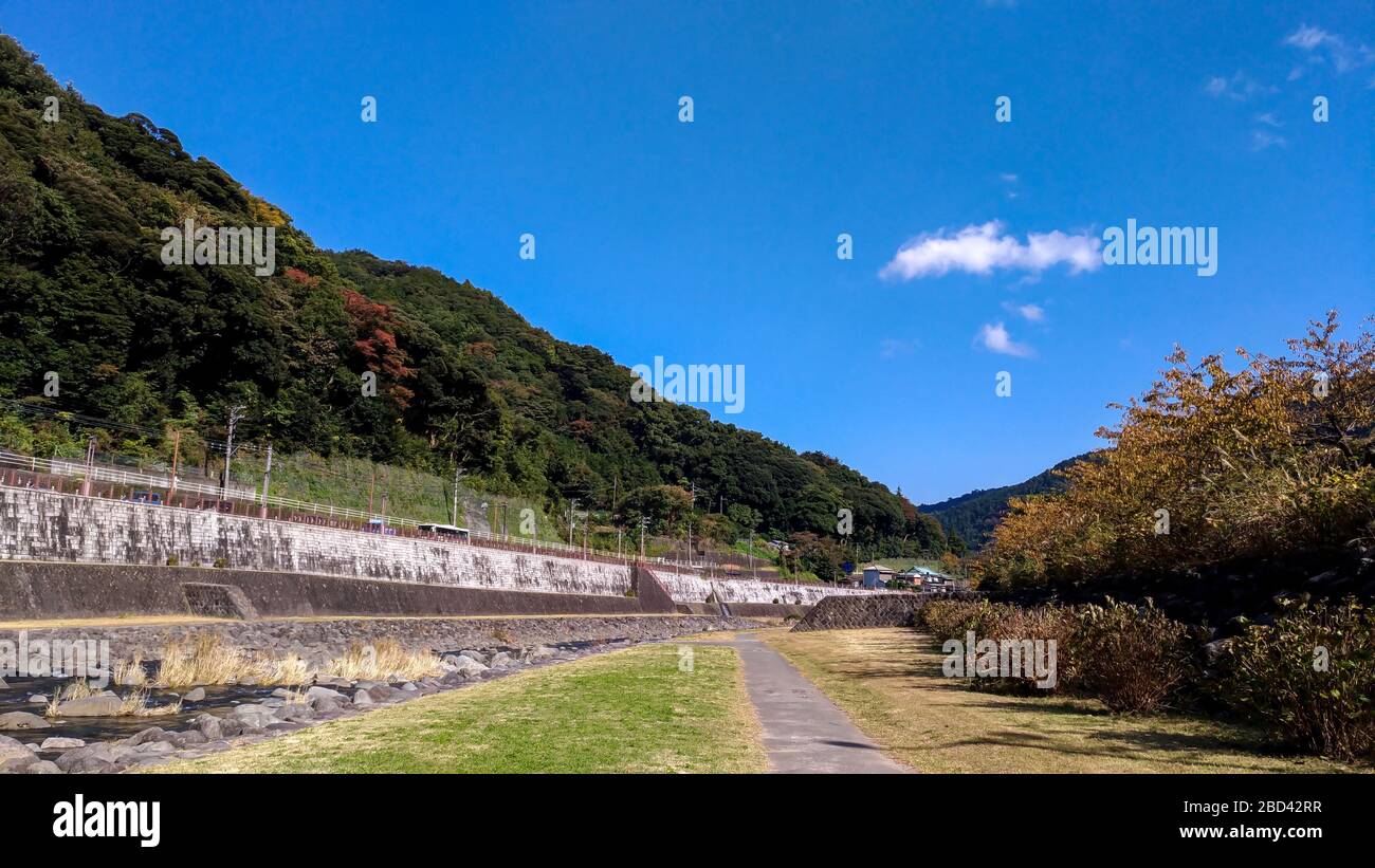 Hayakawa river riverside near the Hakone-Yumoto Station in sunny day. Kanagawa Prefecture, Japan Stock Photo