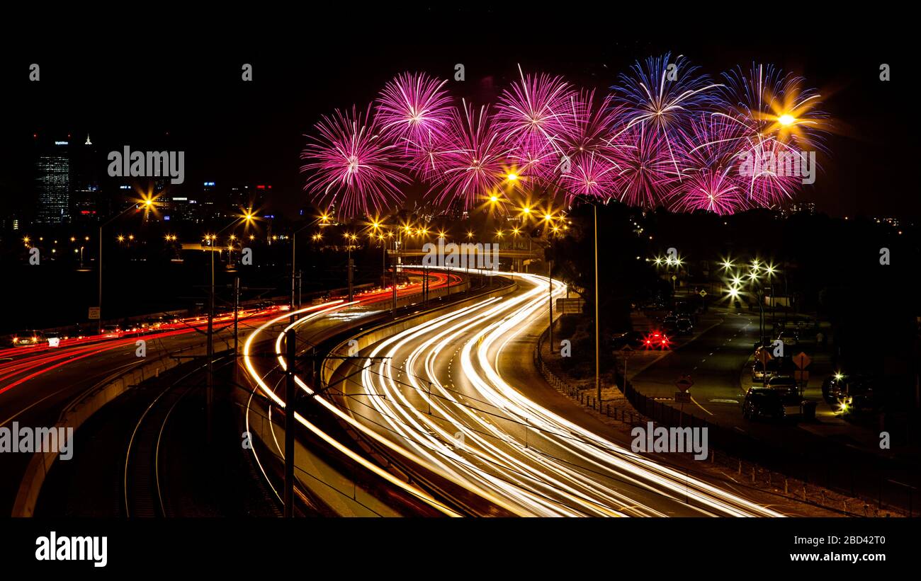 Fireworks exploding at Skyworks on Australia Day in Perth. Also