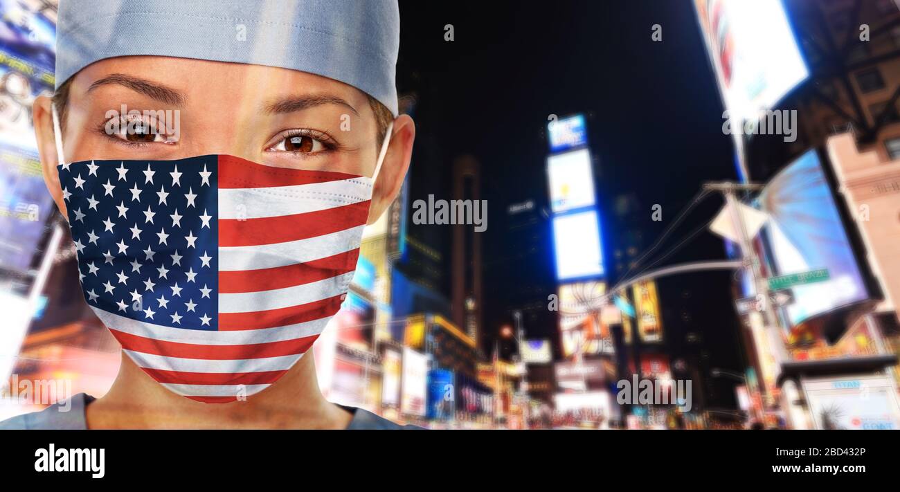 USA Coronavirus outbreak COVID-19 American Asian woman wearing mask in the United States of America flag print on doctor's mask smiling in confidence giving hope . New York City. Stock Photo