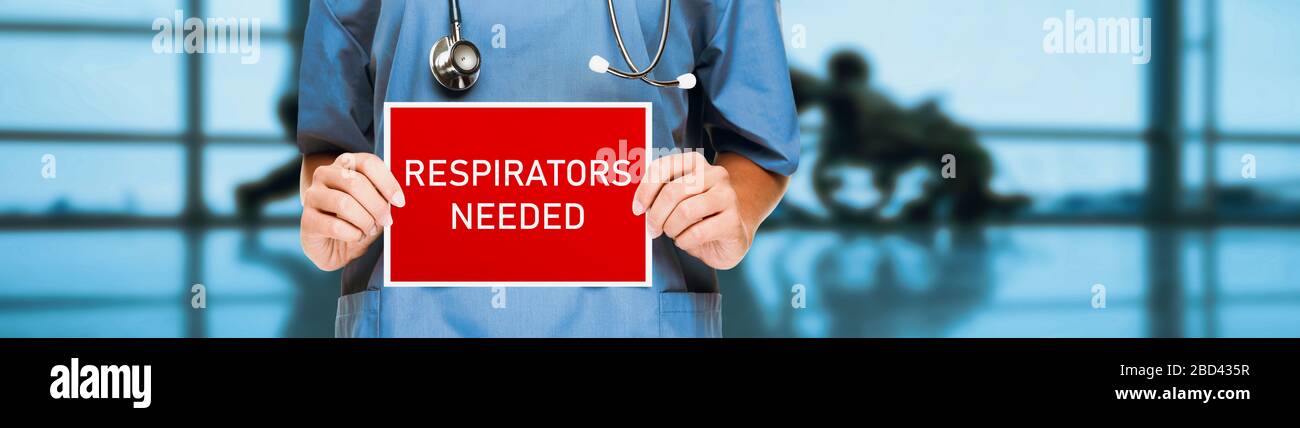 COVID-19 respirators masks needed in hospital for medical workers urgency. doctor or nurse showing sign asking for help holding red billboard white text. Panoramic corona virus sign banner with title. Stock Photo