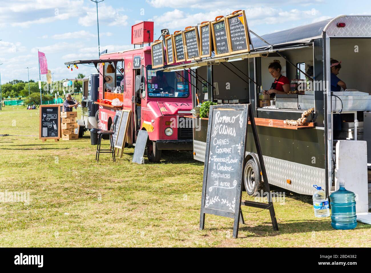 Vicente Lopez, Argentina - December 21, 2019: Food trucks and people Stock Photo