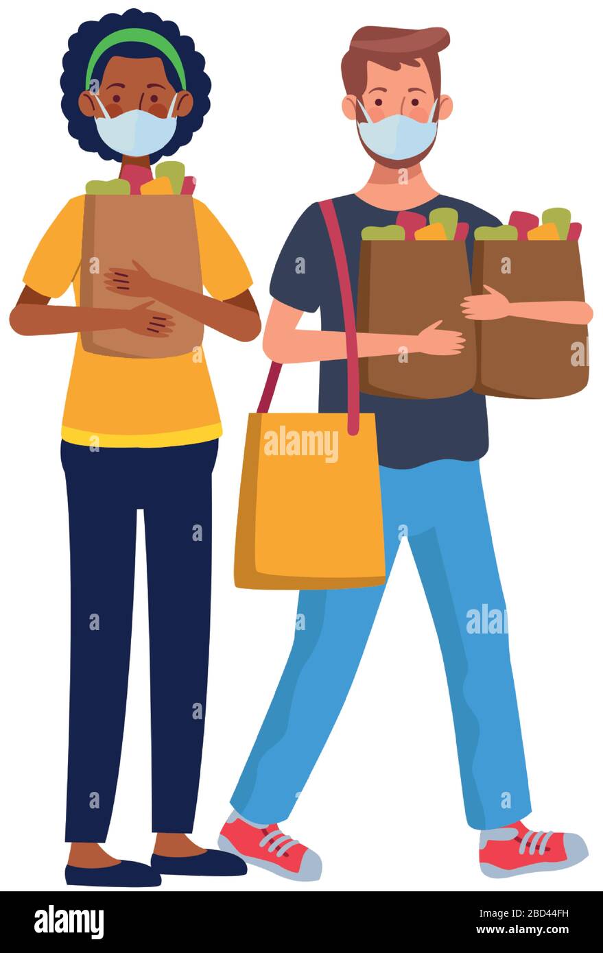 interracial couple using face masks in supermarket Stock Vector Image ...