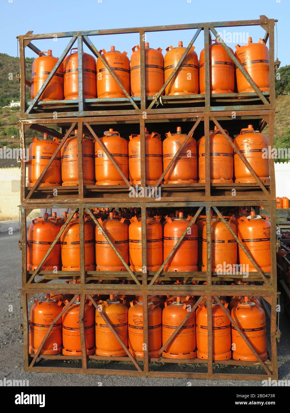 Alora, Spain - July 18. 2017: Propane gas bottles at depot in Andalusian countryside Stock Photo