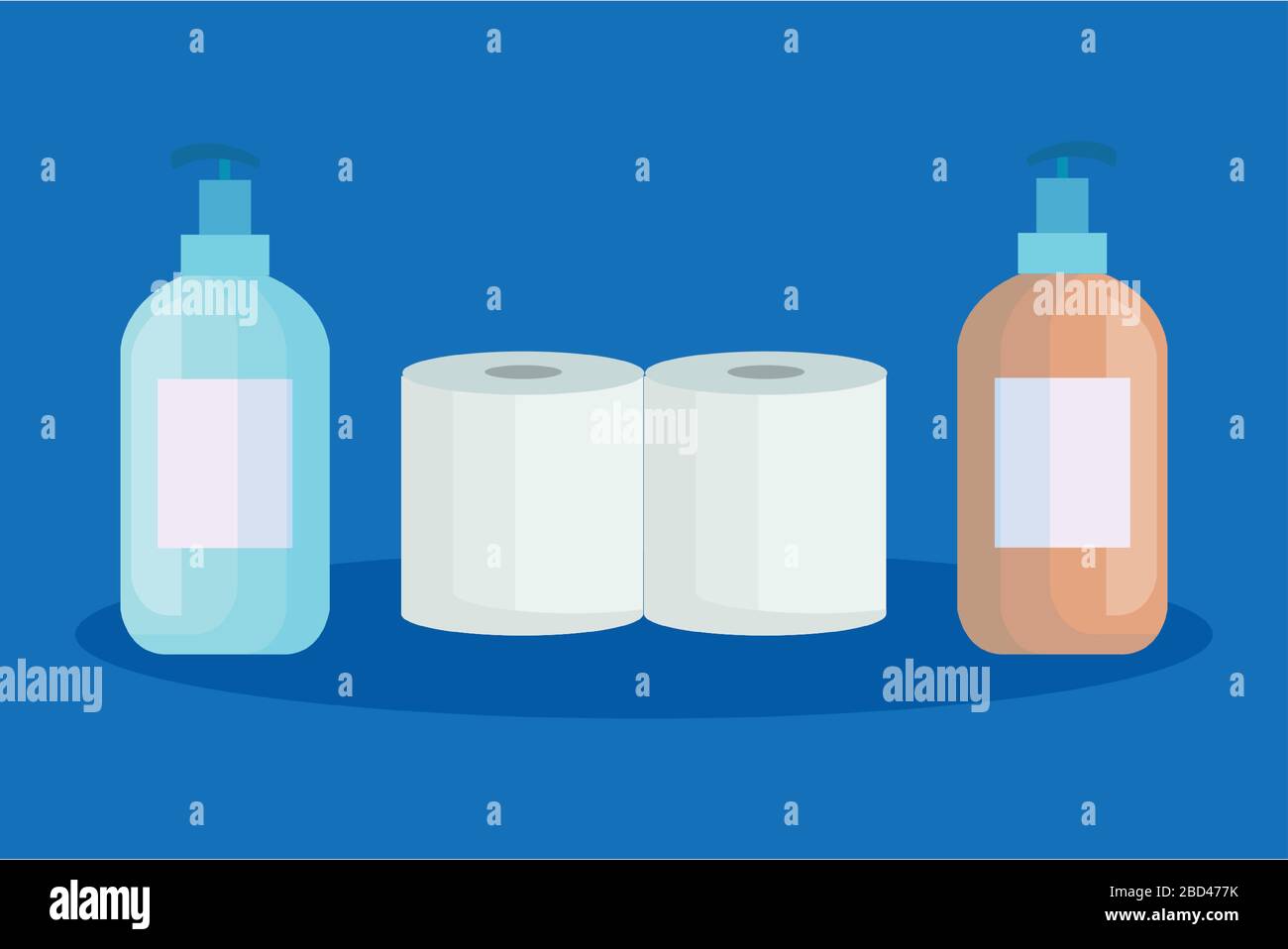 set toilet paper with antibacterial bottle isolated icons Stock Vector
