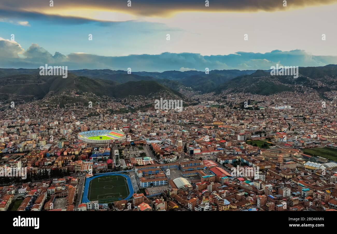 Panoramic view shot with Dji Mavic 2 Zoom drone over the city of Cusco, placing on the spotlight the Tupac Amaru city Square, the Inca Garcilaso de la Stock Photo