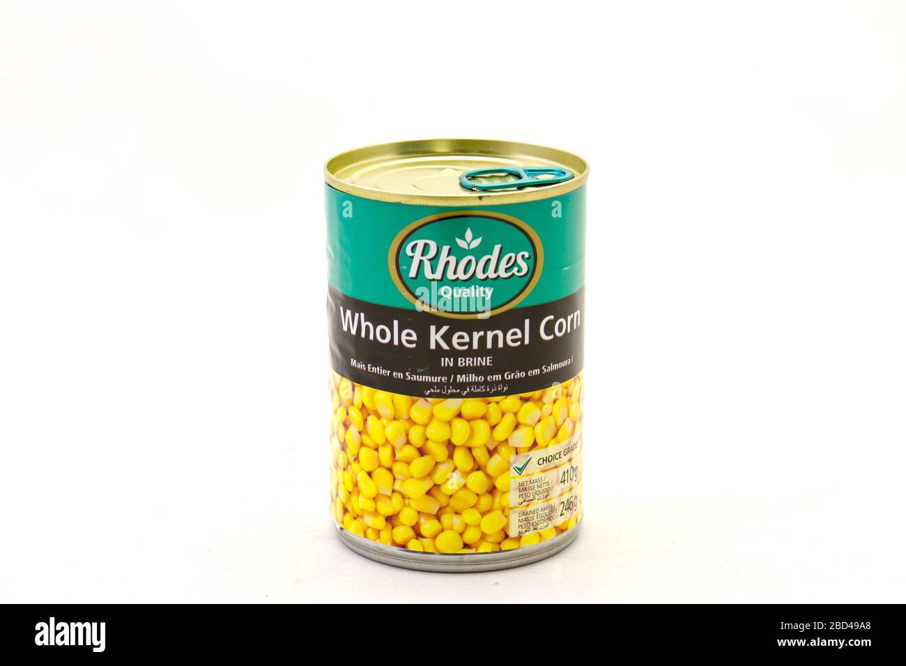 Alberton, South Africa - a can of Rhodes whole kernel corn isolated on a clear background image with copy space in horizontal format Stock Photo