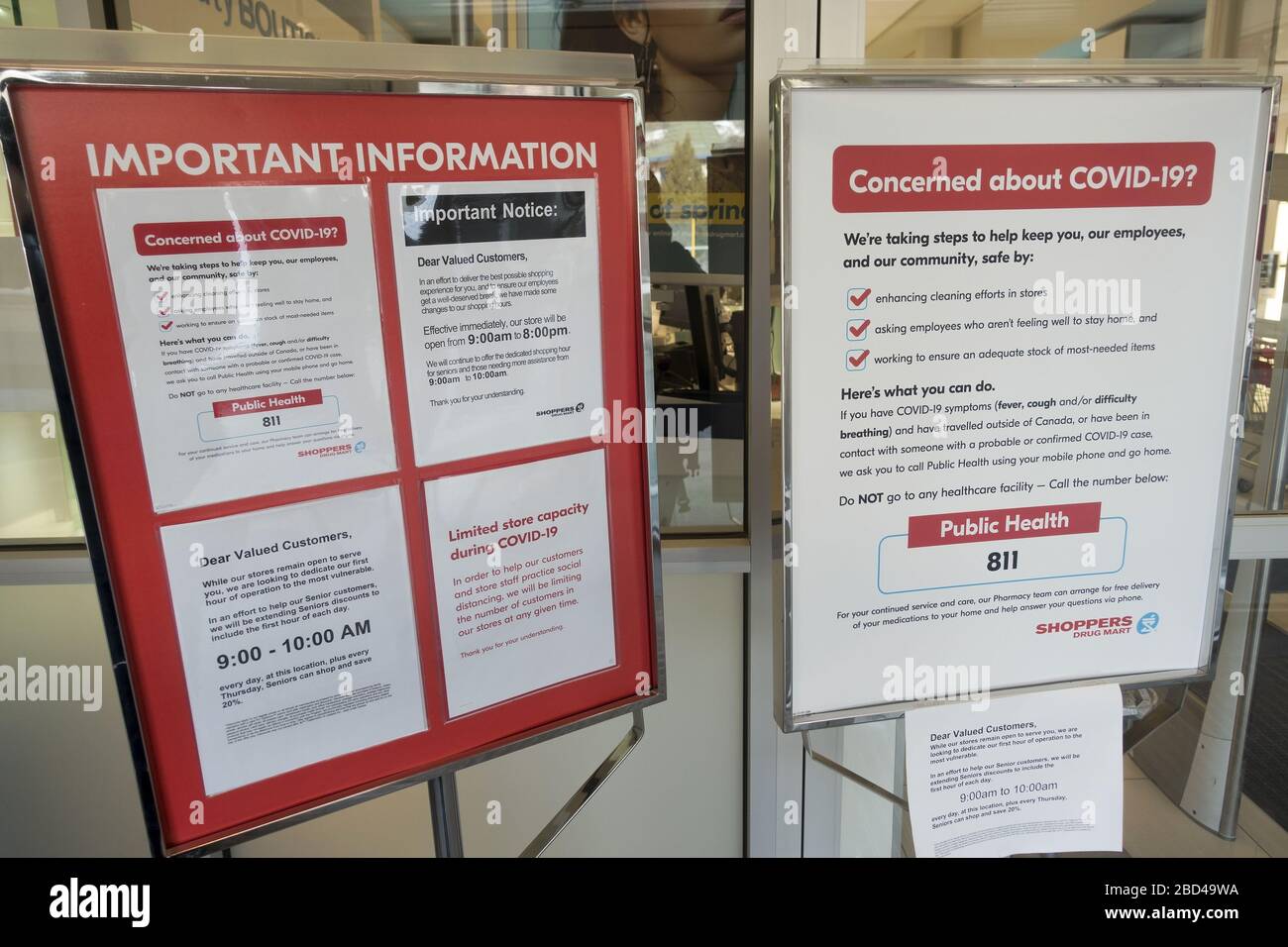 Shoppers Drug Mart Store Entrance Door, Canadian Retail Pharmacy Chain, with COVID19
