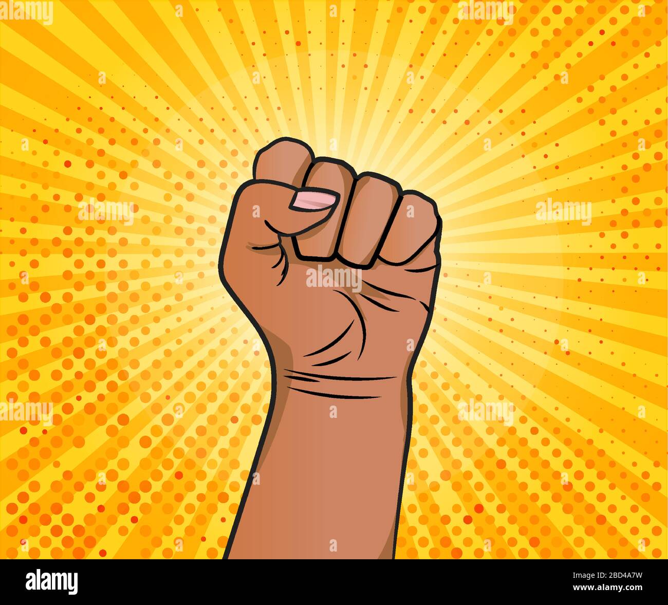 Hand in fist as pop art style. I can do it. Be strong. Hand of African American woman on yellow sun background. Vector illustraion Stock Vector