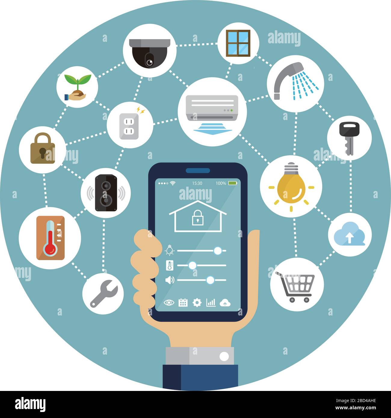 Smartphone app to control smart home (smart house) . Flat illustration ...