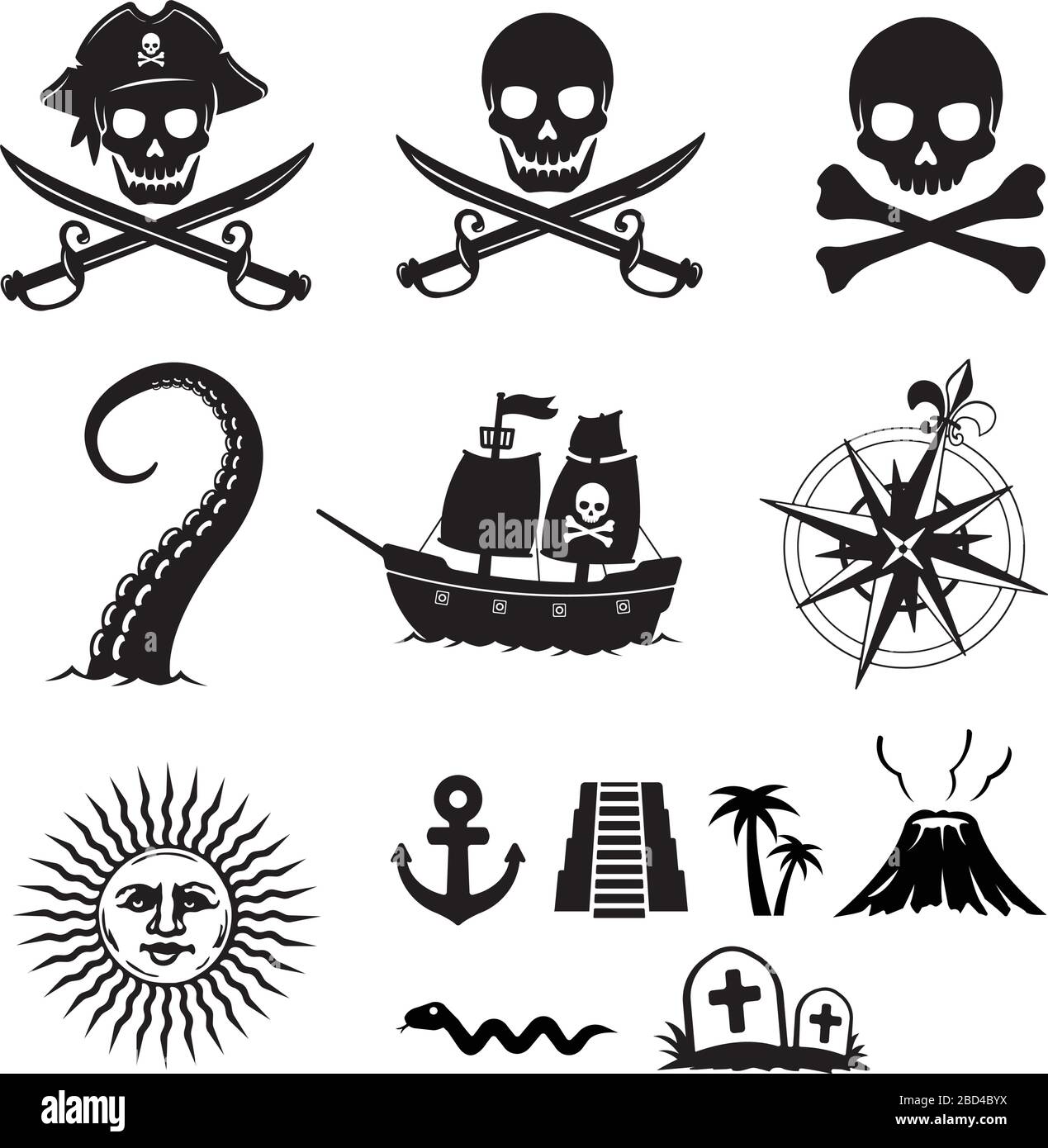 Pirate flat illustration set (skull,anchor,volcano,ship,compass,sun,kraken etc.) Stock Vector