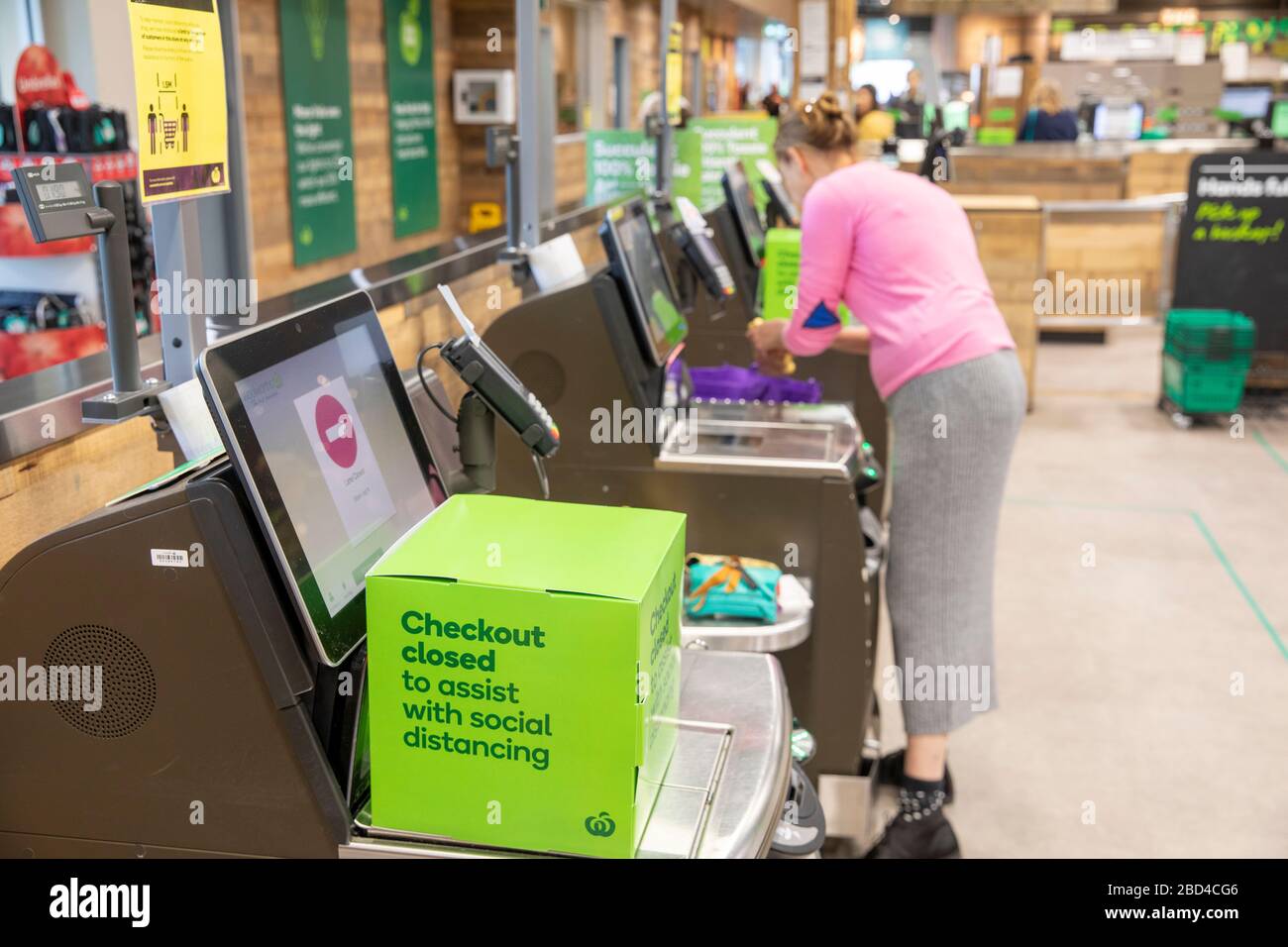 Self checkout closed in an Australian woolworths supermarket to allow customers to maintain social distancing as they pay for their groceries,Sydney, Stock Photo