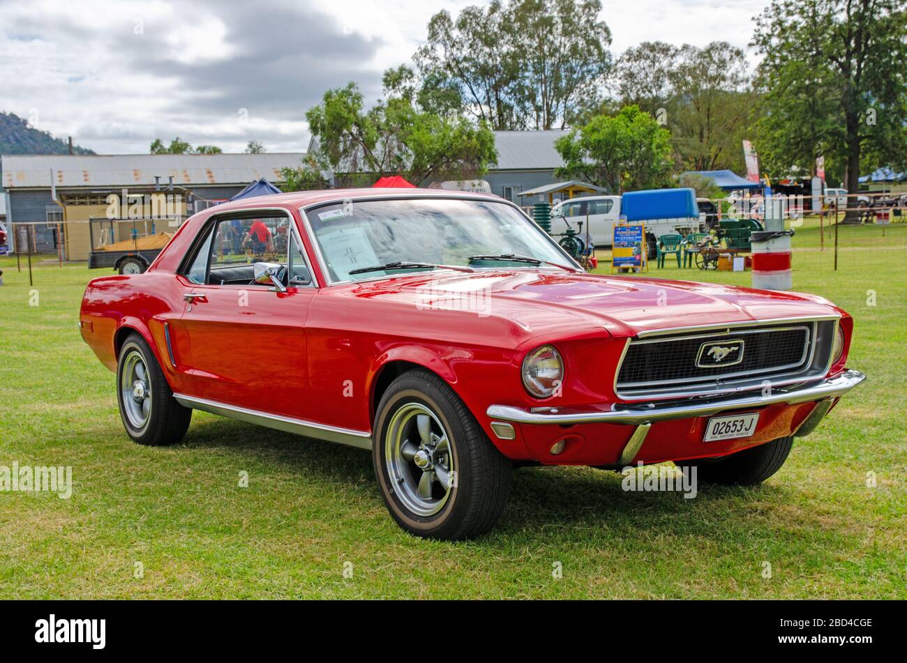 Bright Red 1968 Ford Mustang V8 First Generation Hardtop Coupe. Stock Photo